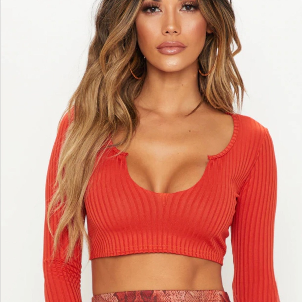 Prettylittlething rusted orange long sleeve ribbed crop top 🧡